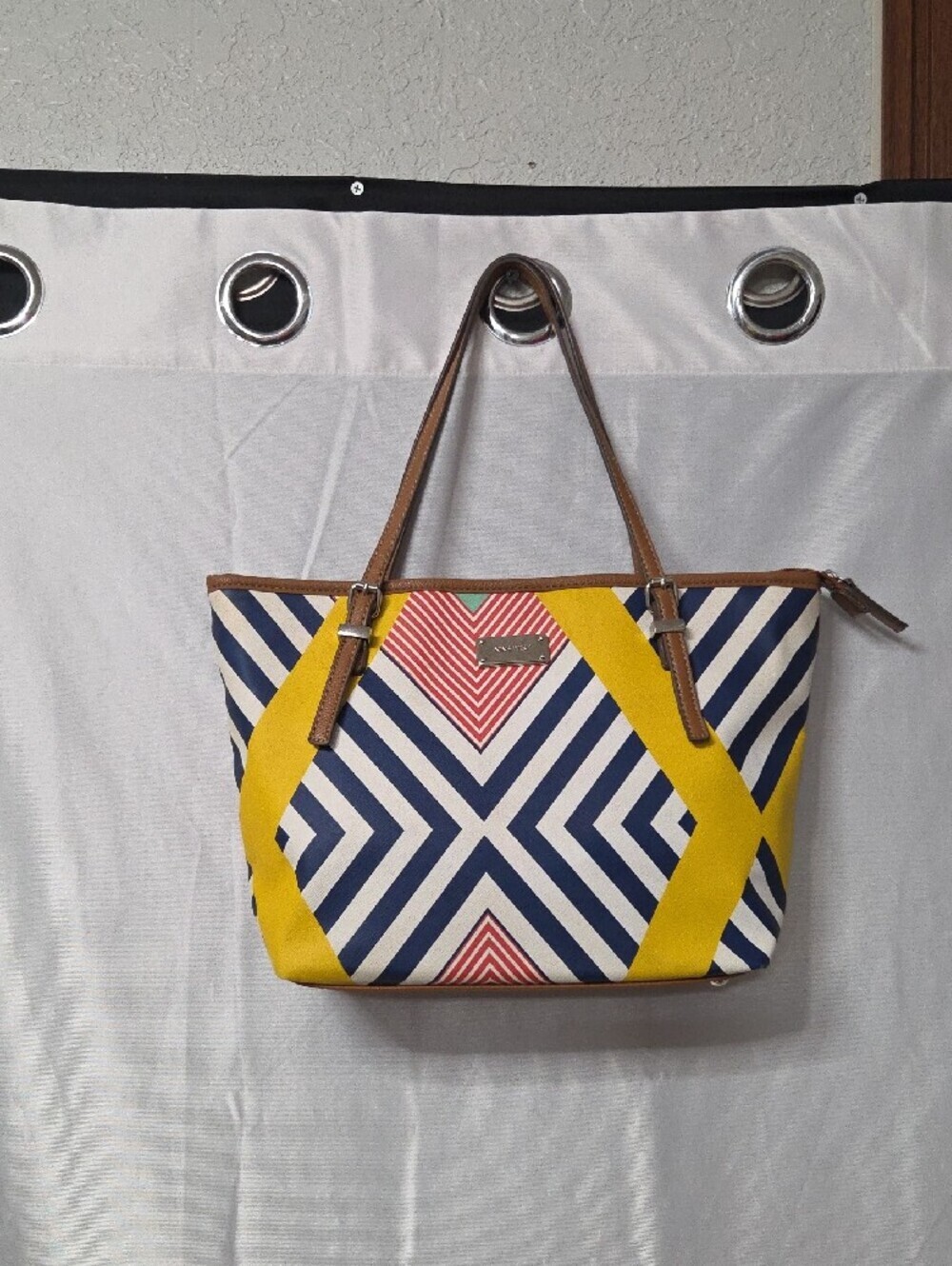 Nine West Multicolor Geometric Tote with Brown Trim Sz 14x10